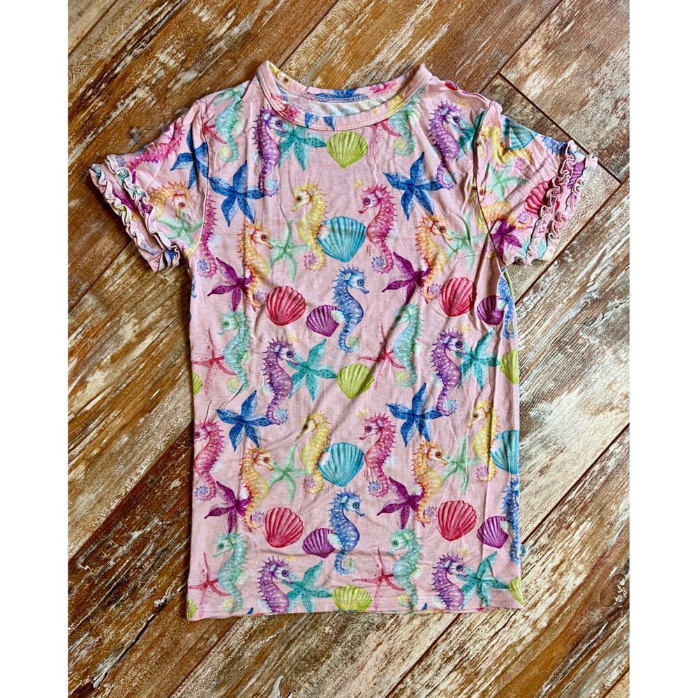 Posh Peanut Girls Pink Seahorse Shell Bamboo Ruffle Sleeve T-Shirt Size 9Y